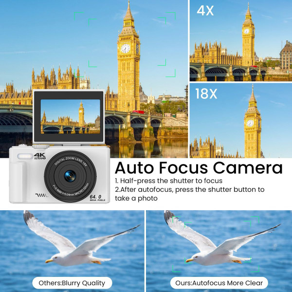 64MP Digital Camera 4K Video Vlogging YouTube Photography Flip Screen 18X Zoom Gift for Teens Color White With Dual Batteries product image