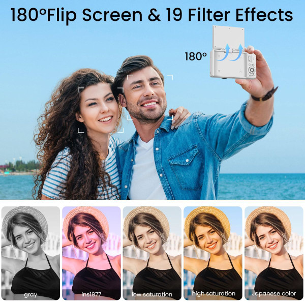 75MP Digital Camera 5K Video Vlogging YouTube Photography Flip Screen 18X Zoom Gift for Teens Color White With Dual Batteries product image