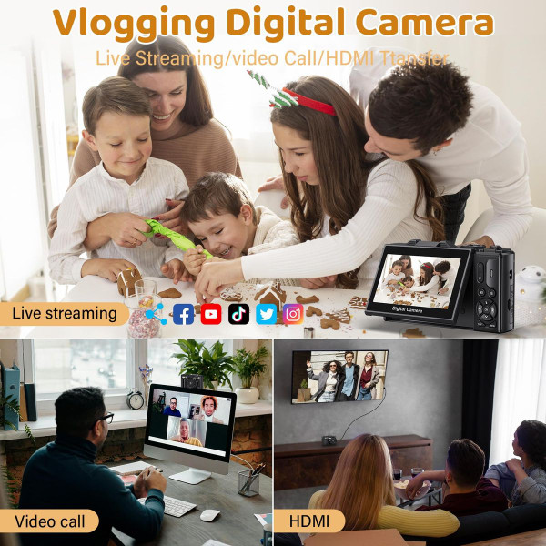 75MP Digital Camera 5K Video Vlogging YouTube Photography Flip Screen 18X Zoom Gift for Teens Color Black With Dual Batteries product image