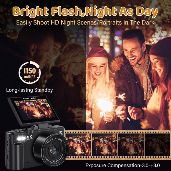 75MP Digital Camera 5K Video Vlogging YouTube Photography Flip Screen 18X Zoom Gift for Teens Color Black With Dual Batteries product image