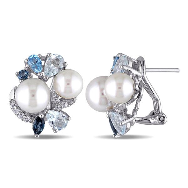 Freshwater Pearl with White Sapphire, Blue Topaz Cluster Earrings  product image