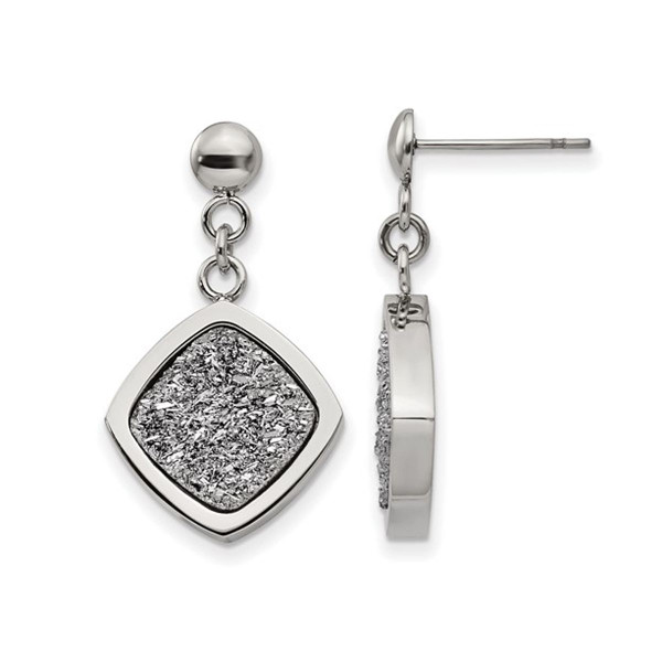 Silver Druzy Dangle Earrings in Polished Stainless Steel product image