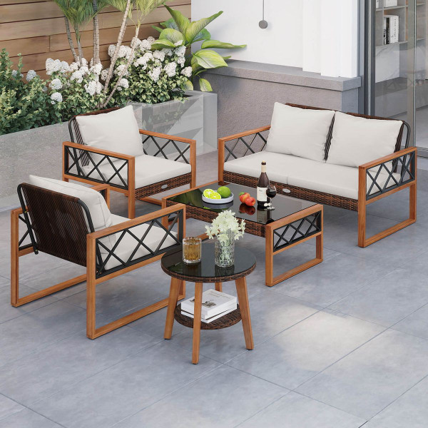 5-Piece PE Wicker Patio Furniture Set with Acacia Wood Frame product image