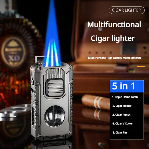 5-in-1 Windproof Metal Lighter with Cigar Cutter product image