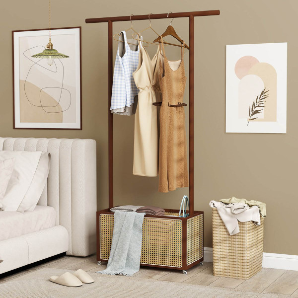 Bamboo Rolling Clothes Rack with Rattan Storage Basket product image