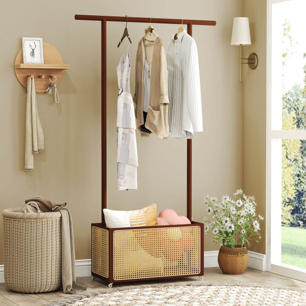 Bamboo Rolling Clothes Rack with Rattan Storage Basket product image
