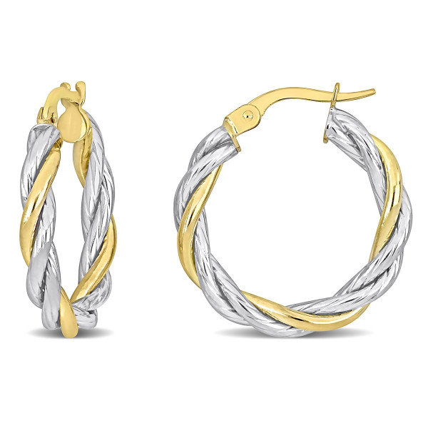 10K Yellow and White Gold Twisted Hoop Earrings (25mm) product image