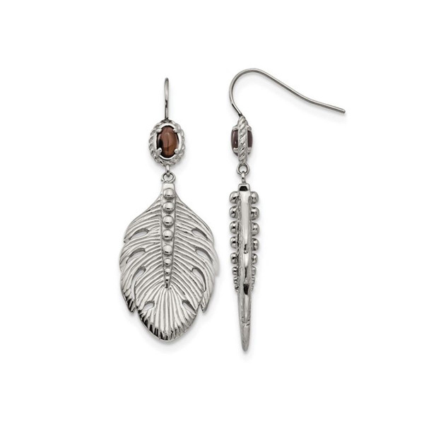 Stainless Steel Dangle Feather Earrings with Smoky Quartz product image