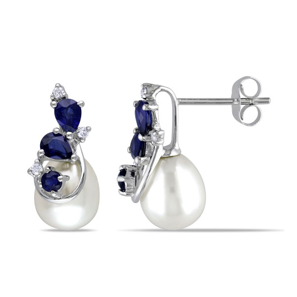 Freshwater Pearl and Sapphire Earrings in 10k White Gold product image