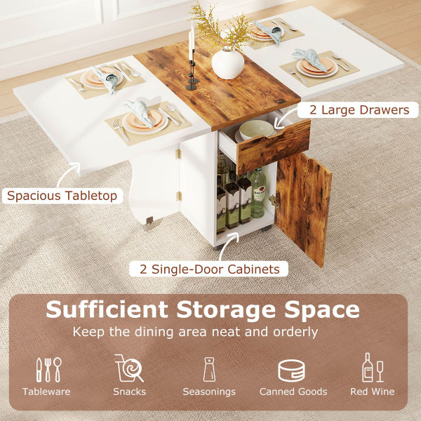 Foldable Rolling Dining Table with Drawers and Cabinets product image