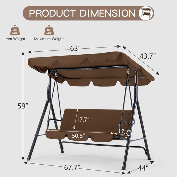 3-Seat Glider Patio Swing with Removable Cushion and Adjustable Canopy product image
