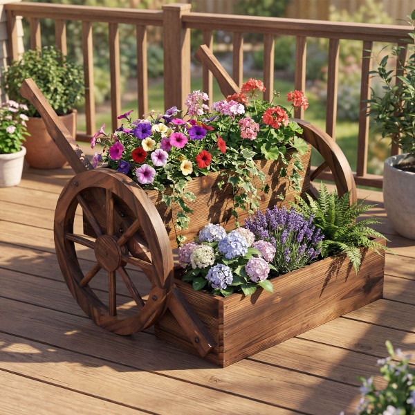 2-Tier Rustic Wood Wagon Planter with Wheels (1 or 2-Pack) product image