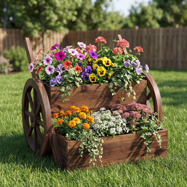 2-Tier Rustic Wood Wagon Planter with Wheels (1 or 2-Pack) product image