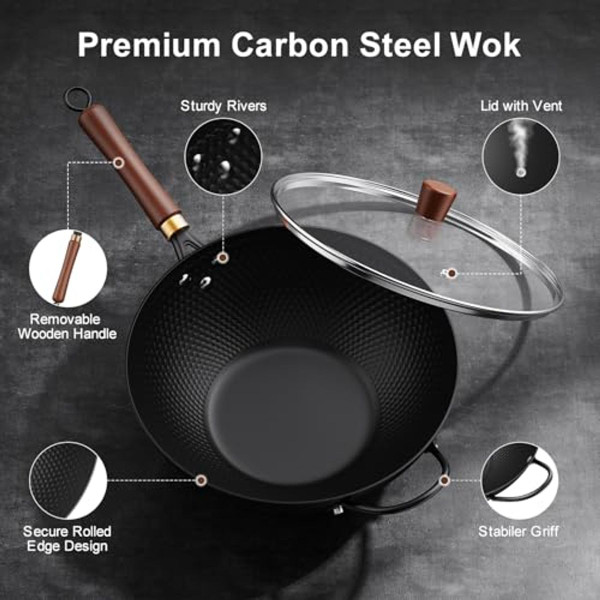 Todlabe Nonstick Carbon Steel Wok Pan with Glass Cover product image