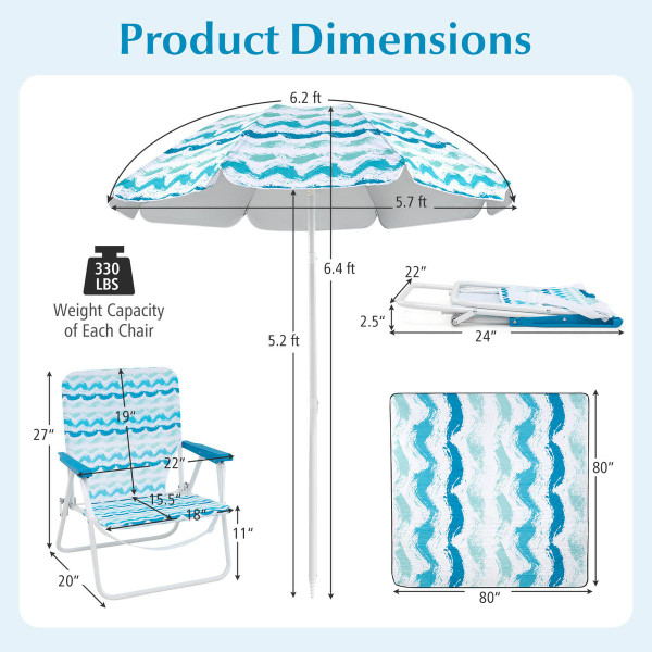 4-Piece Beach Umbrella Set with 2 Chairs and Picnic Blanket product image