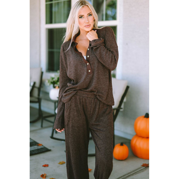 Brooke Ribbed Knit Collared Henley Top and Pants Lounge Outfit product image