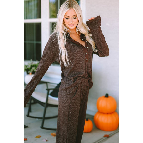 Brooke Ribbed Knit Collared Henley Top and Pants Lounge Outfit product image