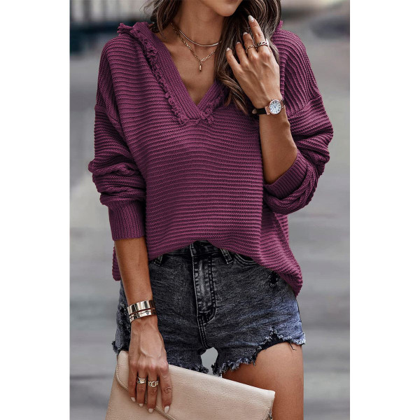 Collins V Neck Ribbed Drop Shoulder Hooded Sweater product image