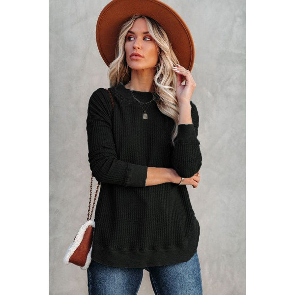 Isabelle Crew Neck Ribbed Trim Waffle Knit Top product image