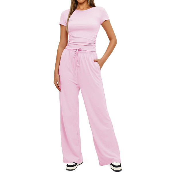 Women's Ruched Short Sleeve Top and Wide Leg Pants (2 Piece Set) product image