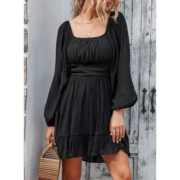 Square Neck Puff Sleeve Ruffle Hem Dress product image
