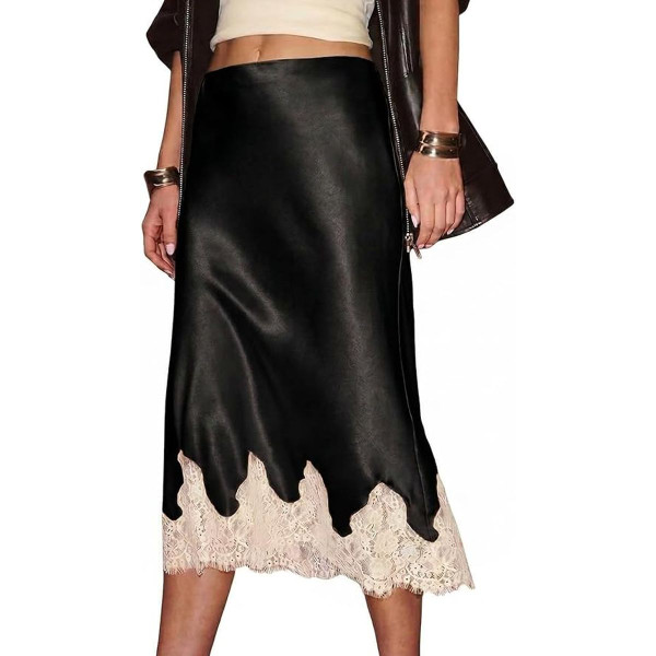 Women's Floral Lace Hem Satin Midi Skirt product image