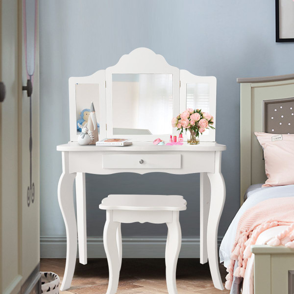 Kids Vanity Table With Tri-fold Mirror And Stool product image