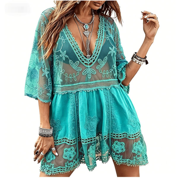 Deep V Neck Lace Embroidered Swimsuit Cover Up product image