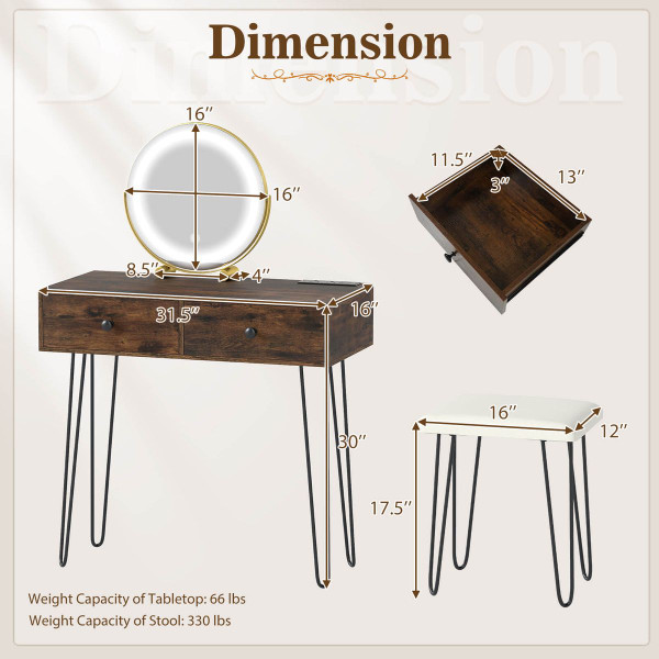 Vanity Desk with Stool and Adjustable Lighted Mirror product image