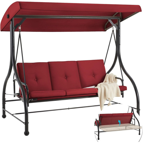 3-Seat Outdoor Porch Swing with Adjustable Backrest and Canopy product image