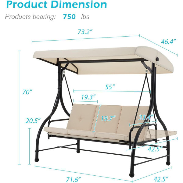3-Seat Outdoor Porch Swing with Adjustable Backrest and Canopy product image