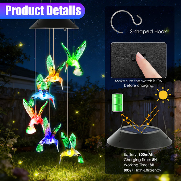 LED Solar Hummingbird, Butterfly, Dragonfly Wind Chimes (3-Pack) product image