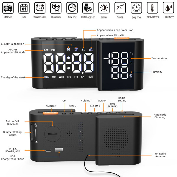Dual Screen LED Digital Alarm Clock with FM Radio Temperature and Humidity Display product image