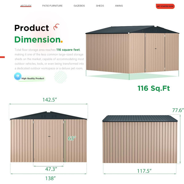 12' x 10' Metal Storage Shed for Outdoor and Lockable Doors product image
