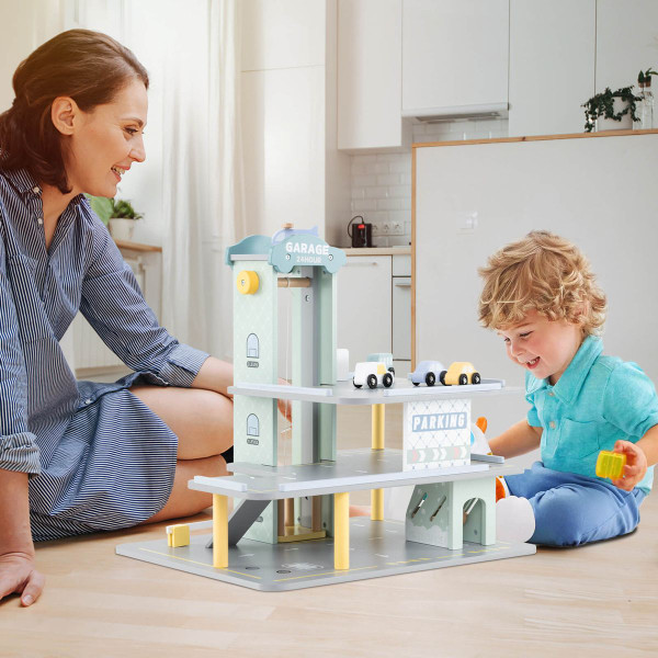  3-Tier Wooden Garage Playset with Interactive Elevator product image