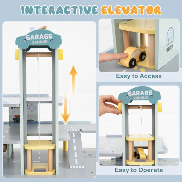  3-Tier Wooden Garage Playset with Interactive Elevator product image