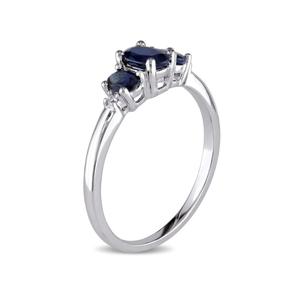 1.00 Carat (ctw) Blue Sapphire and Diamond Three Stone Ring in 10k White Gold product image