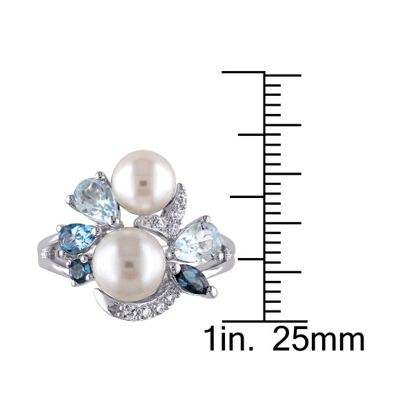 White Freshwater Cultured Pearl with Blue Topaz and Created White Sapphire Ring In Sterling Silver product image