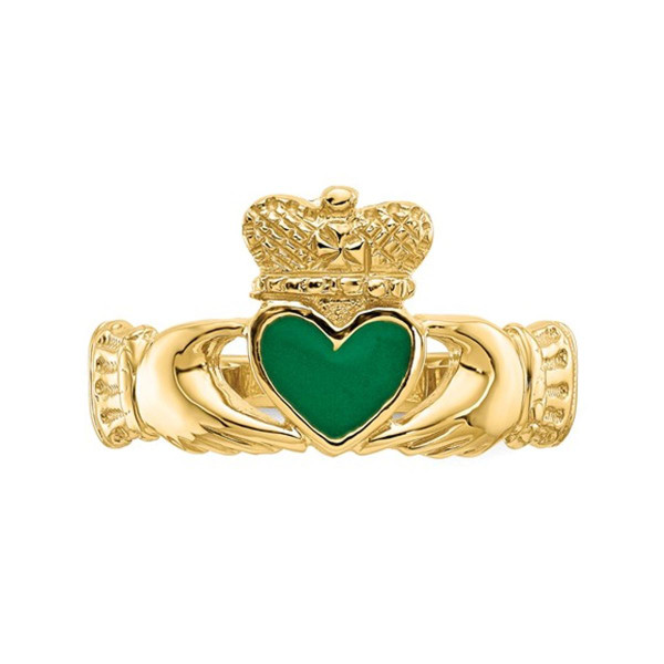 Ladies Claddagh Ring in Polished 14K Yellow Gold with Green Enamel product image