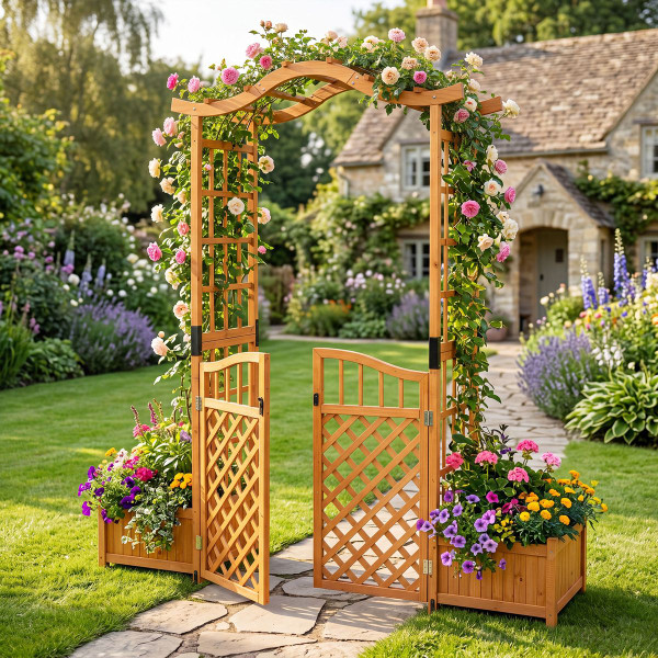 Gated Garden Arbor with Planter Boxes product image