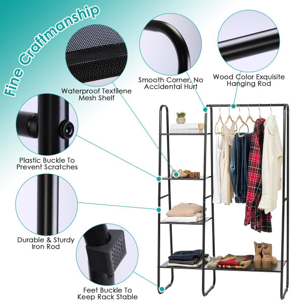 Metal Garment Rack with Hanging Rod and 5 Mesh Shelves product image