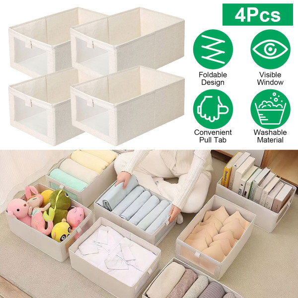 Foldable Linen Closet Storage Bin with Clear Window and Handle (4-Pack) product image