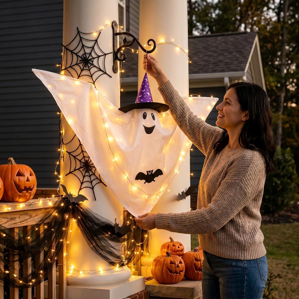 Hanging Lighted Ghost with Wizard Hat product image