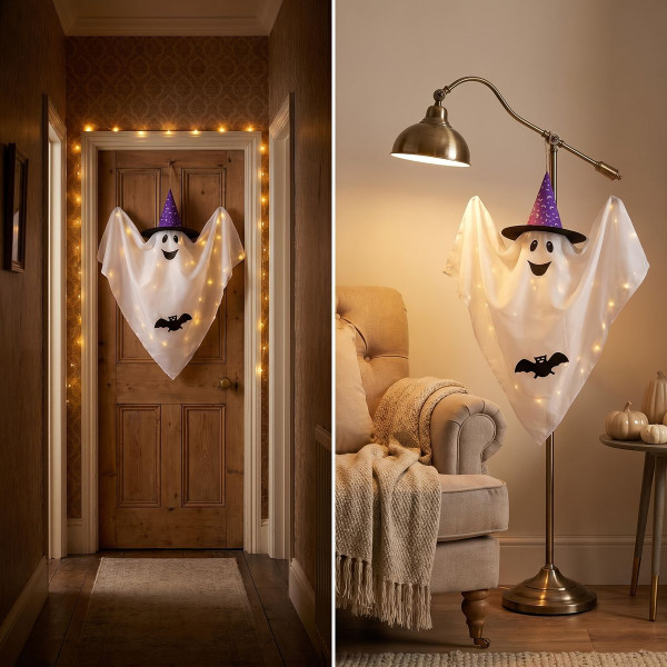 Hanging Lighted Ghost with Wizard Hat product image