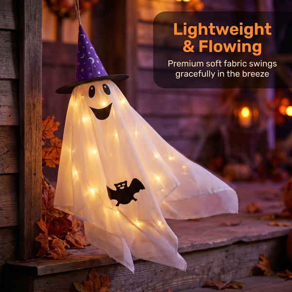 Hanging Lighted Ghost with Wizard Hat product image