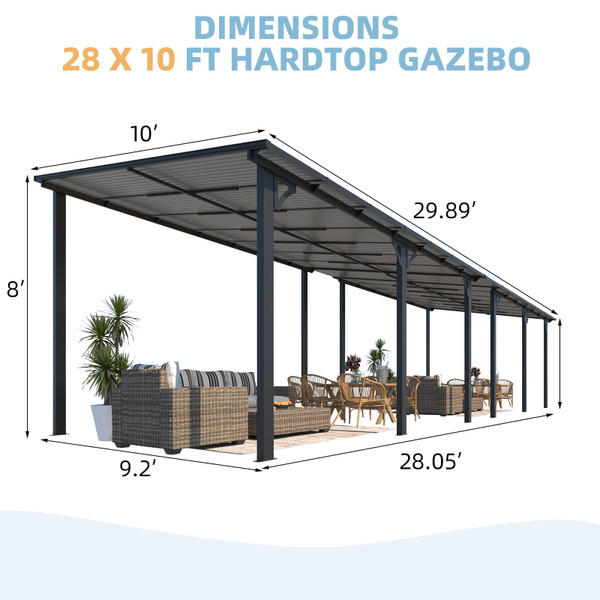 28' x 10'  Large Wall-Mounted Hard Top Lean-to Gazebo Pergola product image