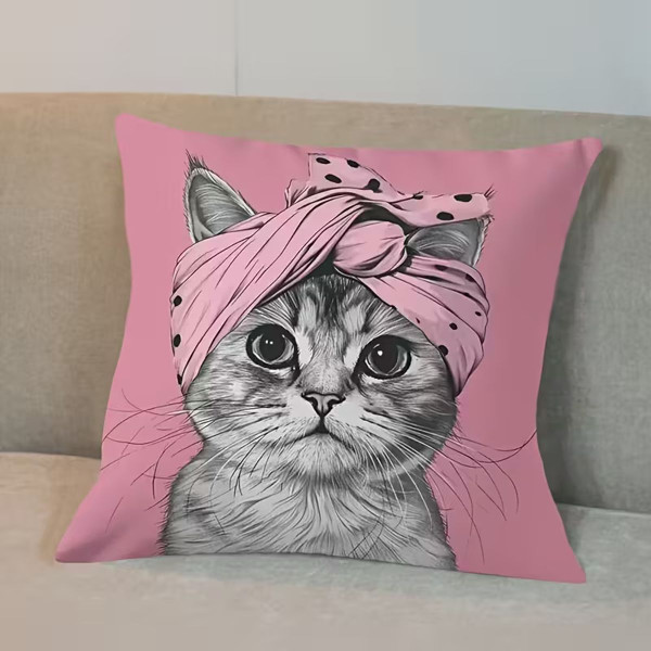 Double-Sided Printed Pink Turban Cat Decorative Pillowcase product image