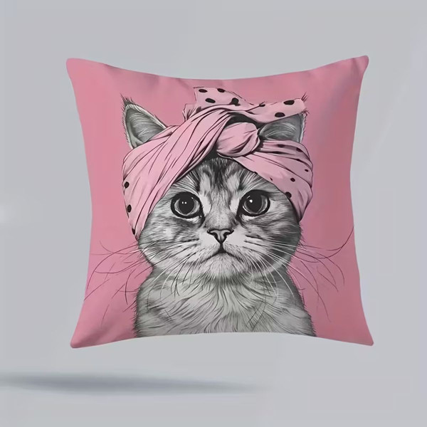 Double-Sided Printed Pink Turban Cat Decorative Pillowcase product image