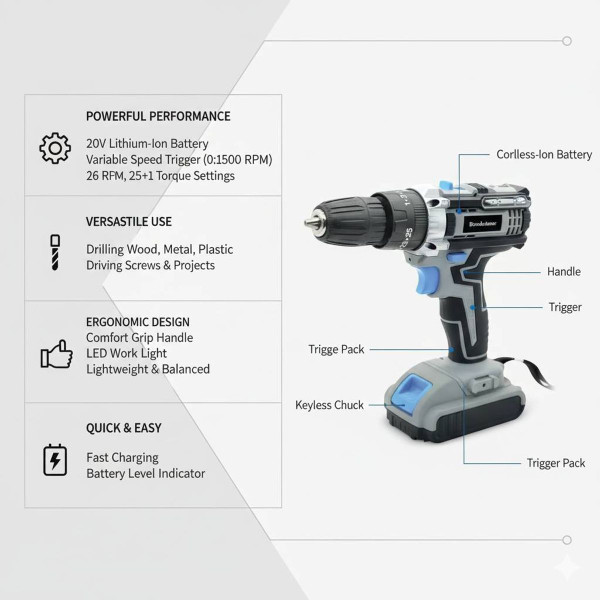 Brookstone 21V Cordless Power Drill Set – 30 Piece Tool Kit with Carry Case product image