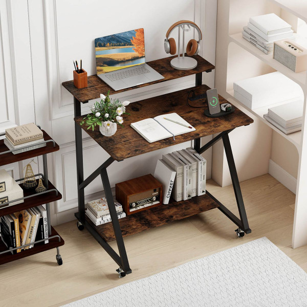 Rolling Computer Desk with Charging Station and Open Storage Shelf product image